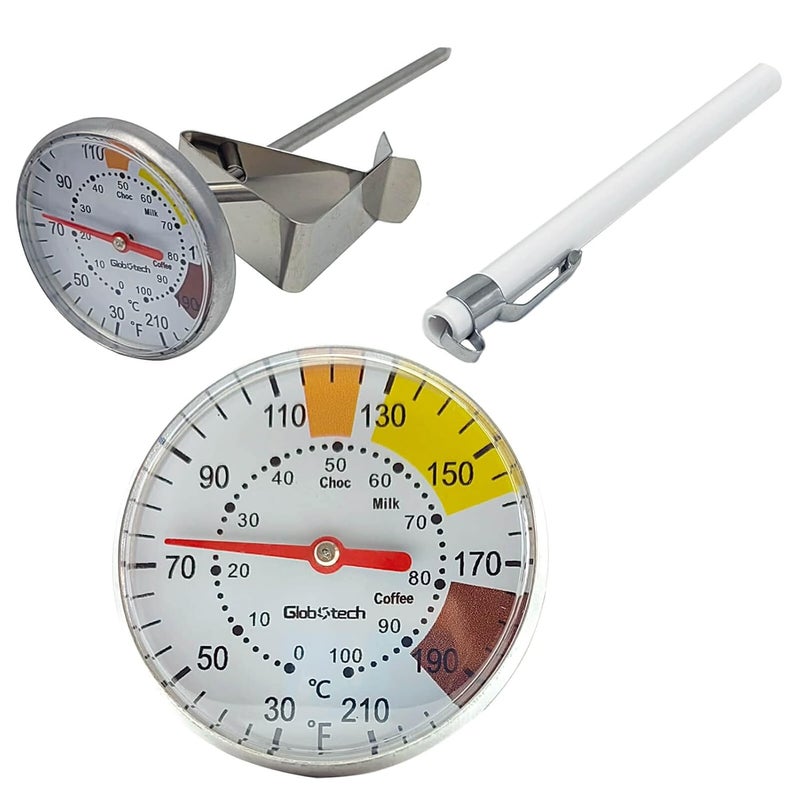 GLOBOTECH Milk Frothing Thermometer for Coffee Chocolate - Cappuccino Frothy Milk Foam Stainless Steel Thermometer for 12 Oz, 20 Oz and 32 Oz Espresso Steaming Pitchers 2" Dail 5" Stem - Image 1